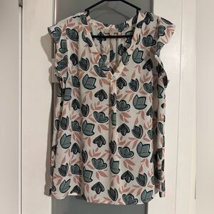 LOFT Pink and Green Leaf Print Blouse